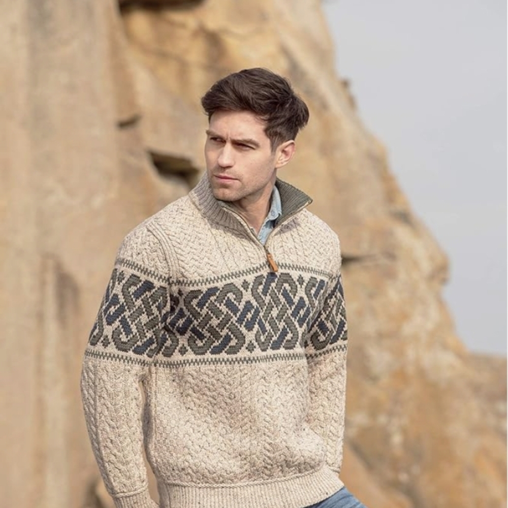 Aran Crafts Men's Cream and Gray Zip-Up Sweater